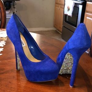 Blue suede high heel platforms bedazzled
